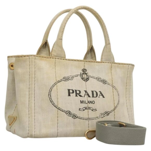 PRADA Canapa PM Hand Bag Canvas 2way Gray Gold - Picture 1 of 15
